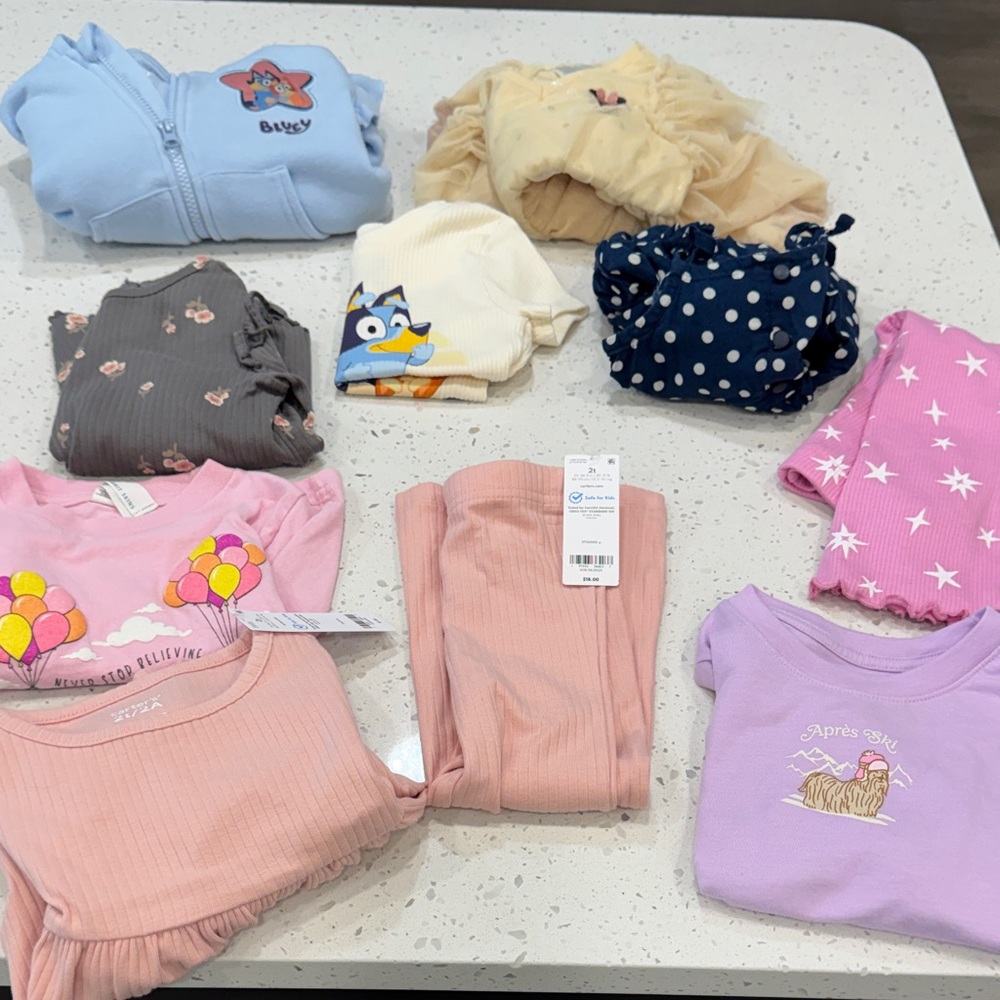 2T Girls Mixed Clothing Bundle — Pink, Purple, Blue, Yellow & Navy Pieces